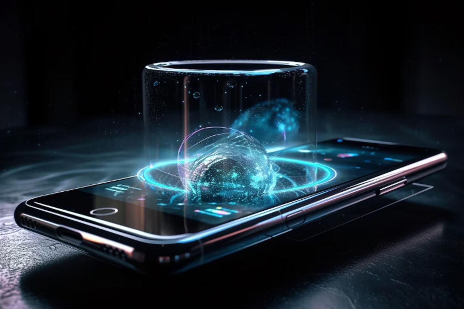 Handy mit 3D Grafik die aus dem Bildschirm hervorkommt